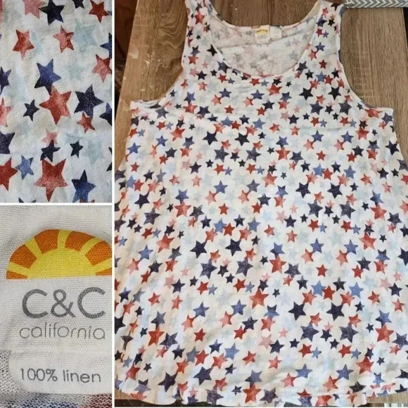 C&C California Linen Red White & Blue Stars Patriotic Tank Top Plus Size 1X 2X - Picture 1 of 7